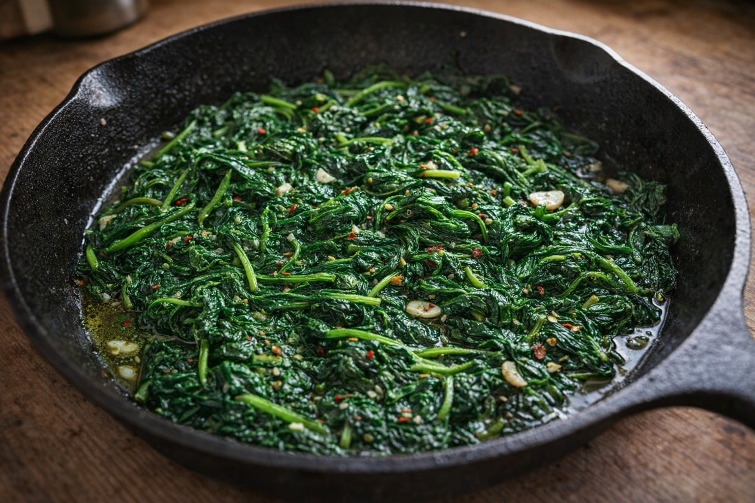 A top-down shot of vibrant green sautéed spinach in a cast iron skillet, with visible garlic and red pepper flakes, glistening with olive oil, warm, natural light